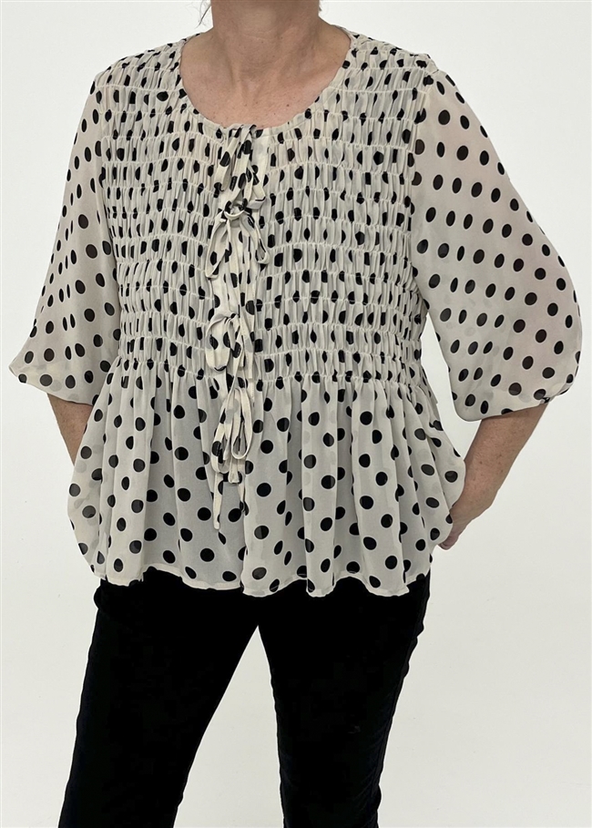 Polka Dot Shirred Body Tie Front Blouse