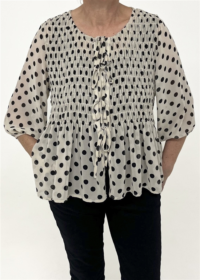 Polka Dot Shirred Body Tie Front Blouse - Ivory - front view