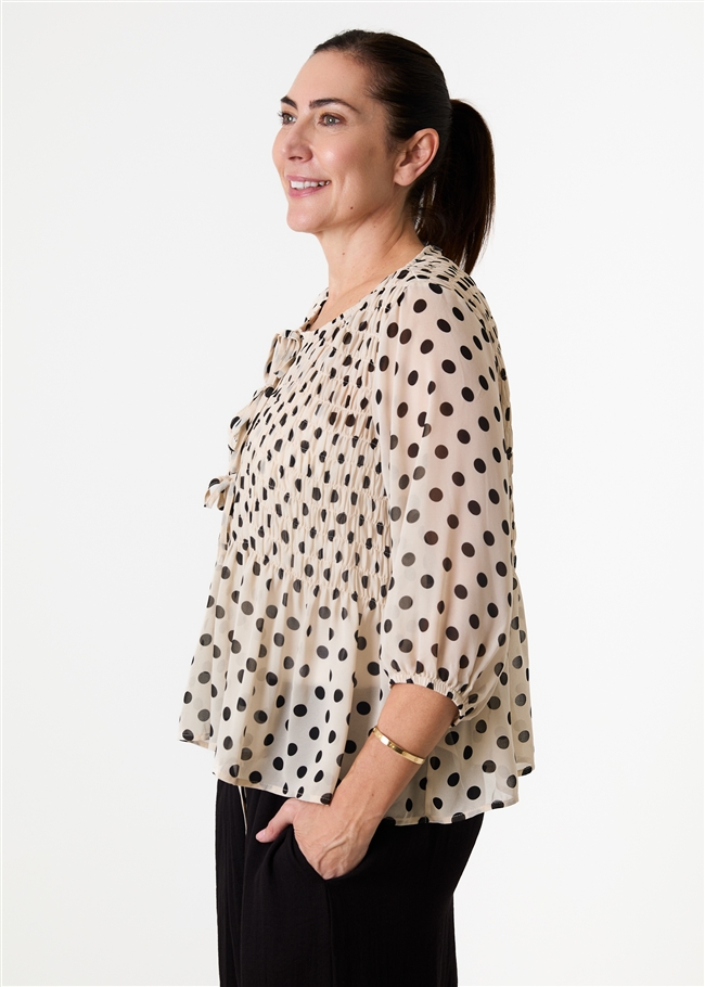 Polka Dot Shirred Body Tie Front Blouse