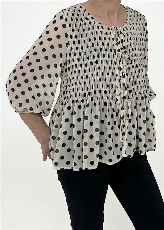 Polka Dot Shirred Body Tie Front Blouse
