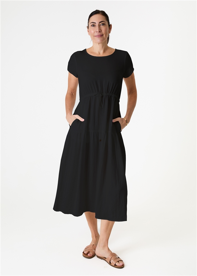 Ripple Round Neck Drawstring Waist Dress