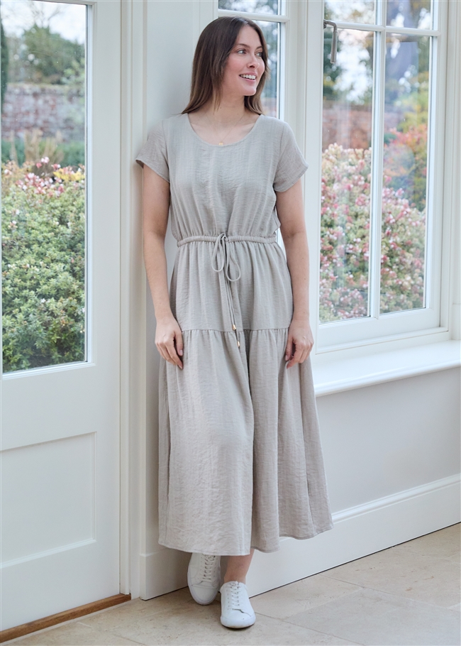 Ripple Round Neck Drawstring Waist Dress