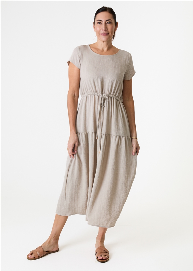 Ripple Round Neck Drawstring Waist Dress