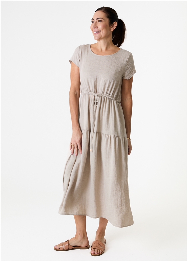 Ripple Round Neck Drawstring Waist Dress