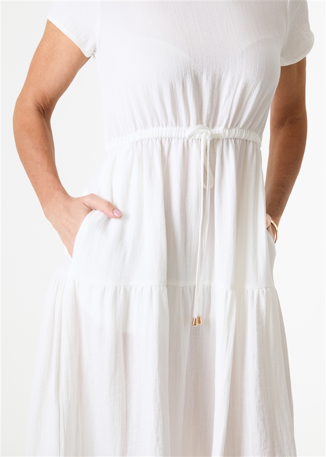 Ripple Round Neck Drawstring Waist Dress