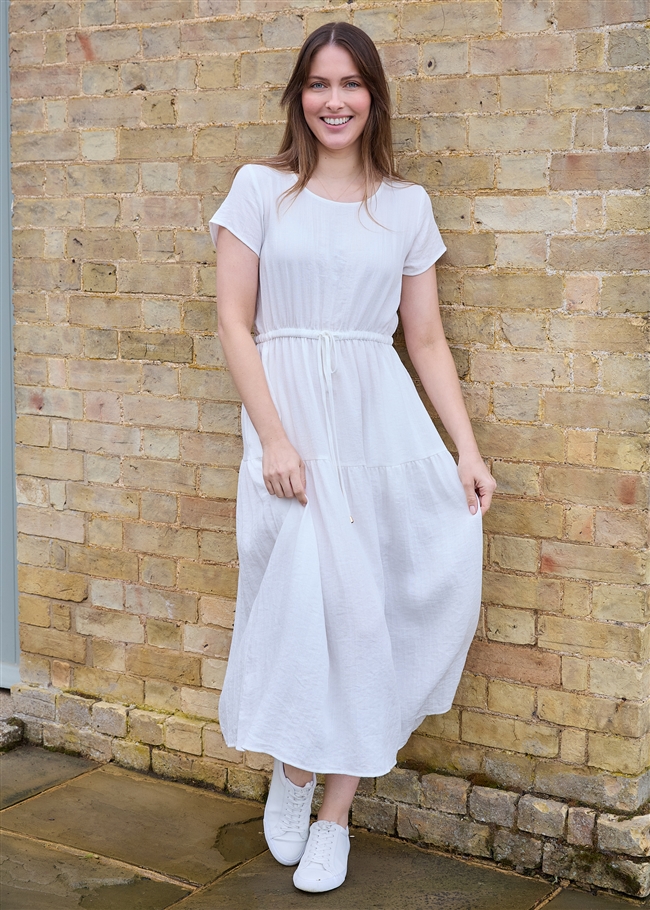 Ripple Round Neck Drawstring Waist Dress - White - front view