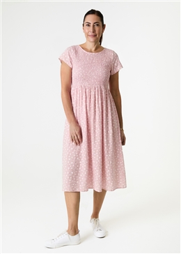 Smudge Spot Short Sleeve Shirring Dress - Baby Pink - front view