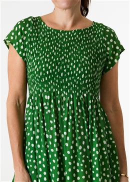 Smudge Spot Short Sleeve Shirring Dress - Basil Green - general view