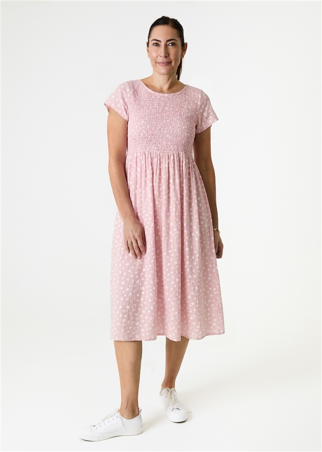 Smudge Spot Short Sleeve Shirring Dress - Baby Pink - front view