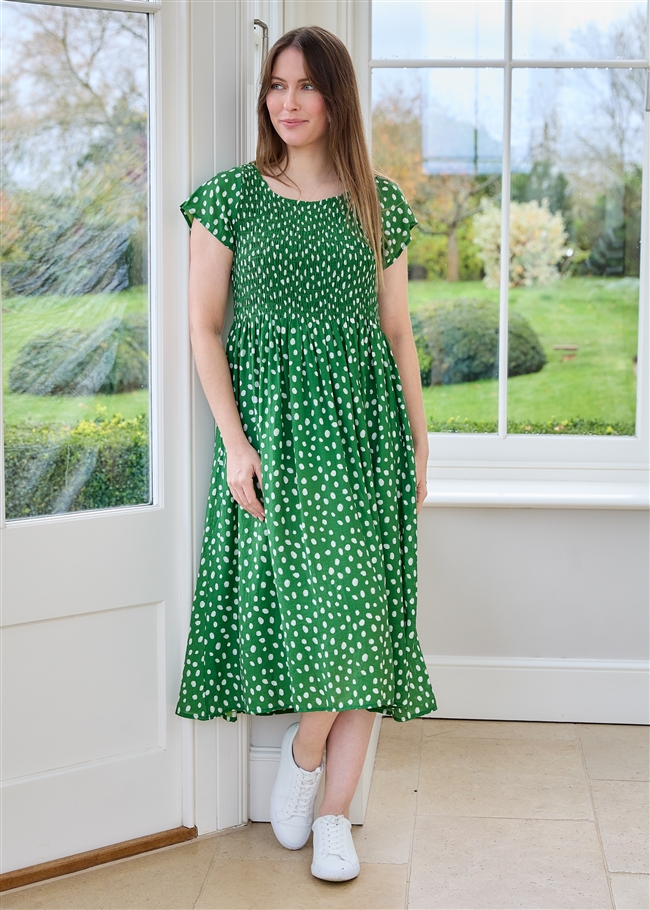 Smudge Spot Short Sleeve Shirring Dress