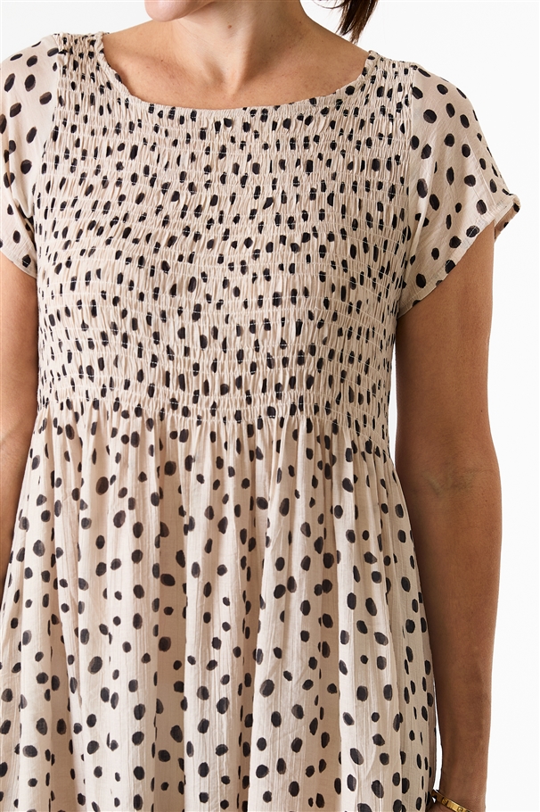 Smudge Spot Short Sleeve Shirring Dress - Ivory - general view