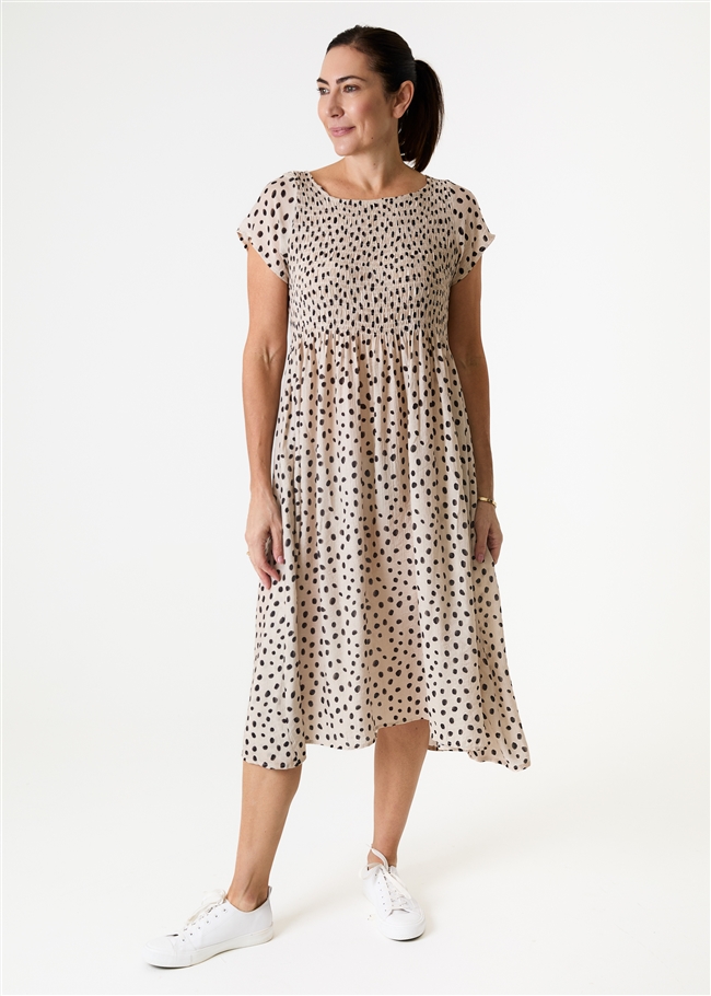 Smudge Spot Short Sleeve Shirring Dress