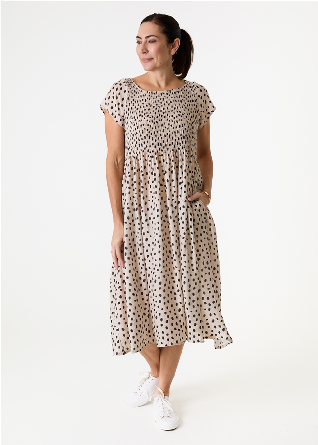 Smudge Spot Short Sleeve Shirring Dress