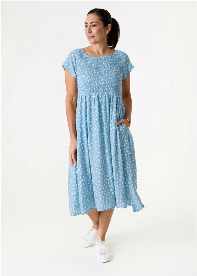Smudge Spot Short Sleeve Shirring Dress