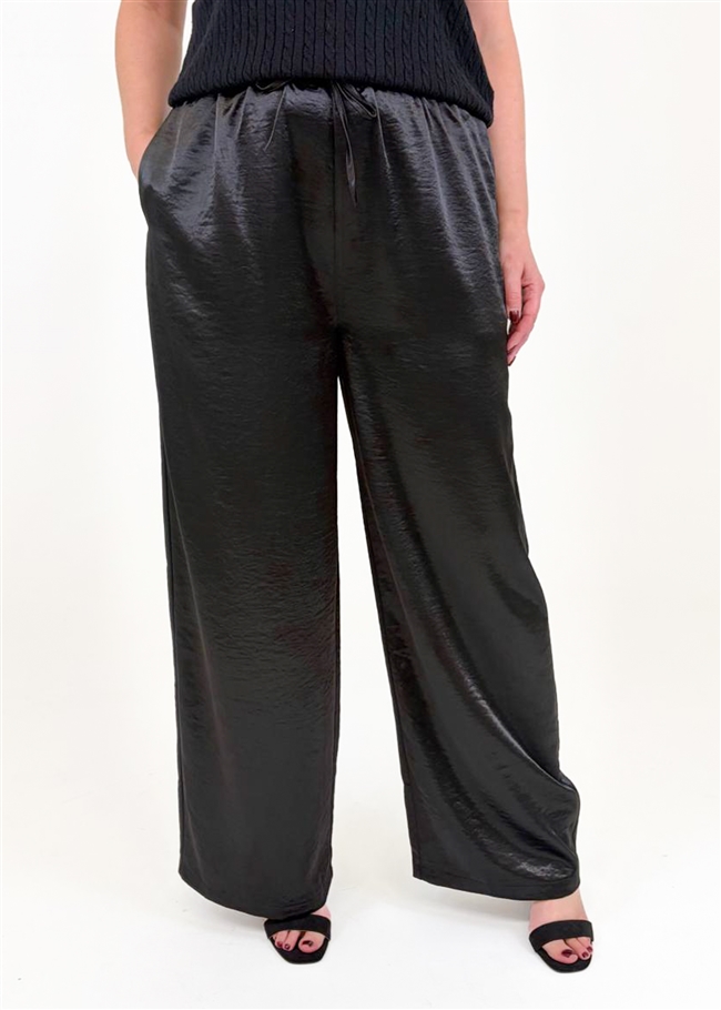 Satin Straight Leg Elastic Waist Trouser - Black - front view
