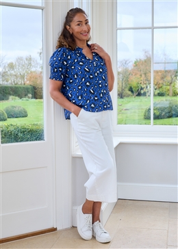 Leopard Smudge Frill Edge v Neck Blouse - Navy - side body view