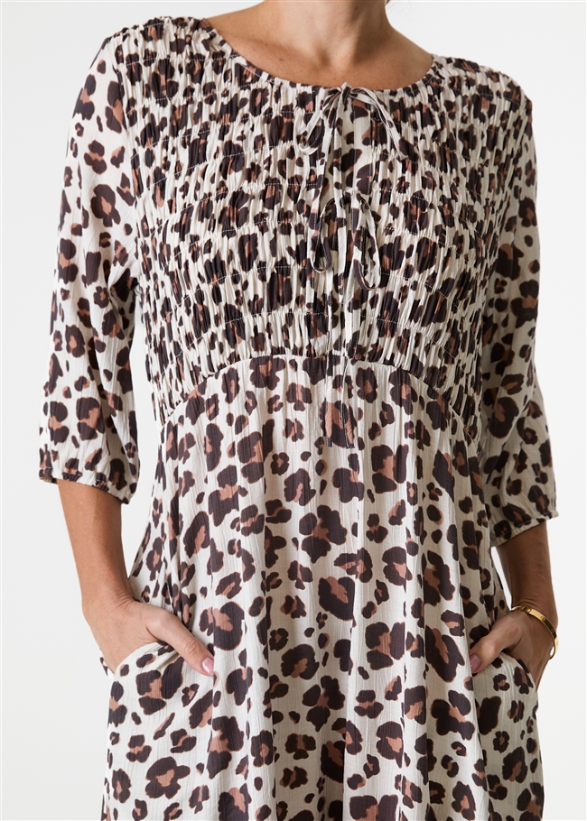 Leopard Smudge Shirred Tie Front Midi Dress