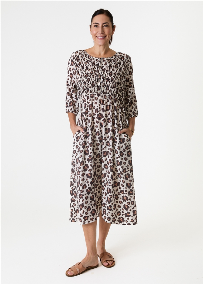 Leopard Smudge Shirred Tie Front Midi Dress