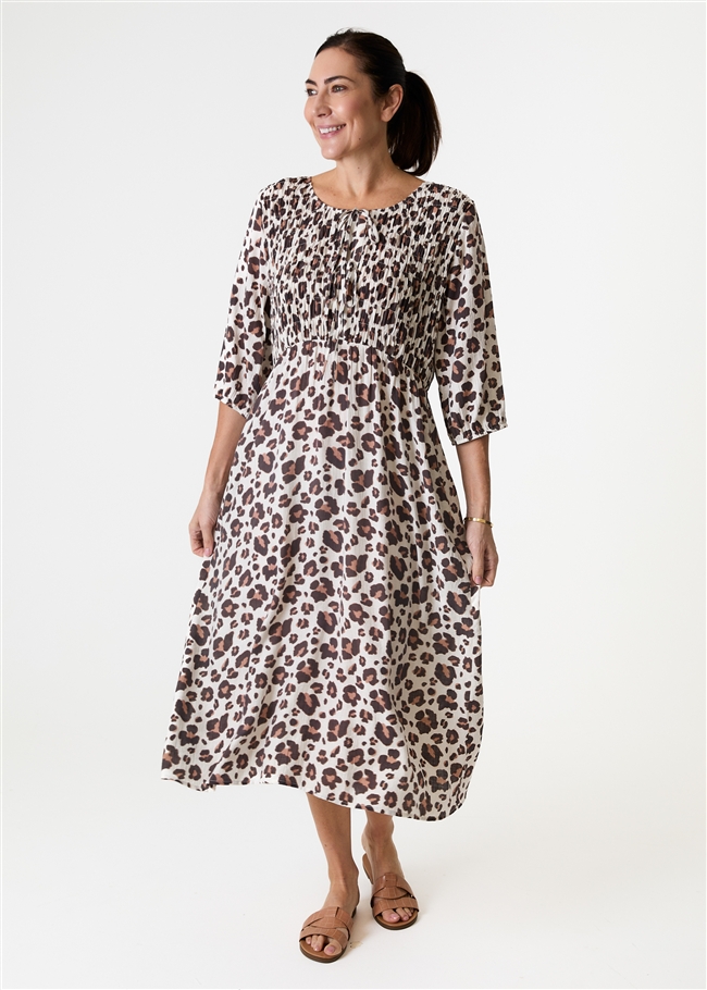 Leopard Smudge Shirred Tie Front Midi Dress - Ivory - side body view