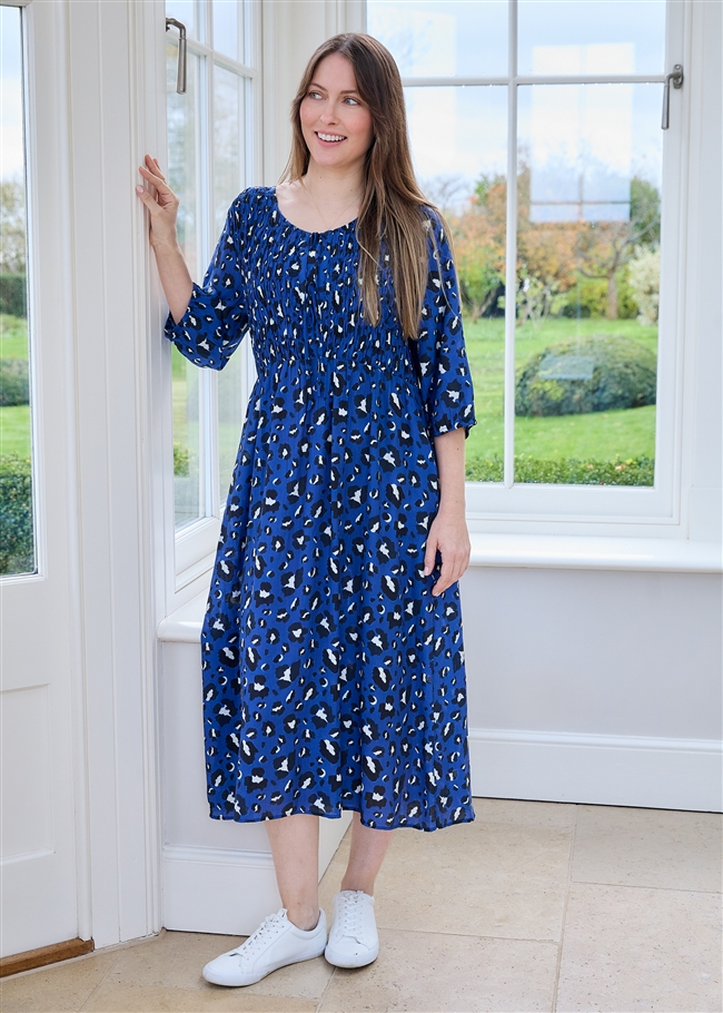 Leopard Smudge Shirred Tie Front Midi Dress