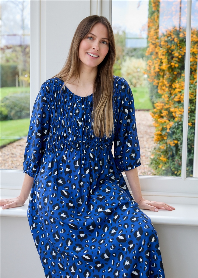 Leopard Smudge Shirred Tie Front Midi Dress