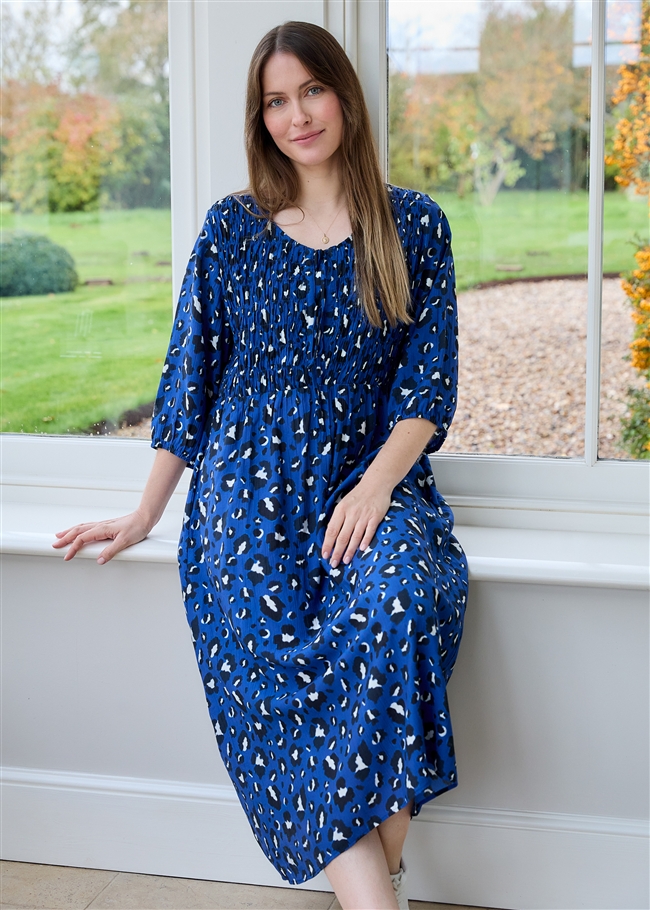 Leopard Smudge Shirred Tie Front Midi Dress