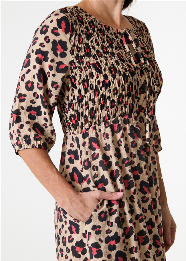 Leopard Smudge Shirred Tie Front Midi Dress
