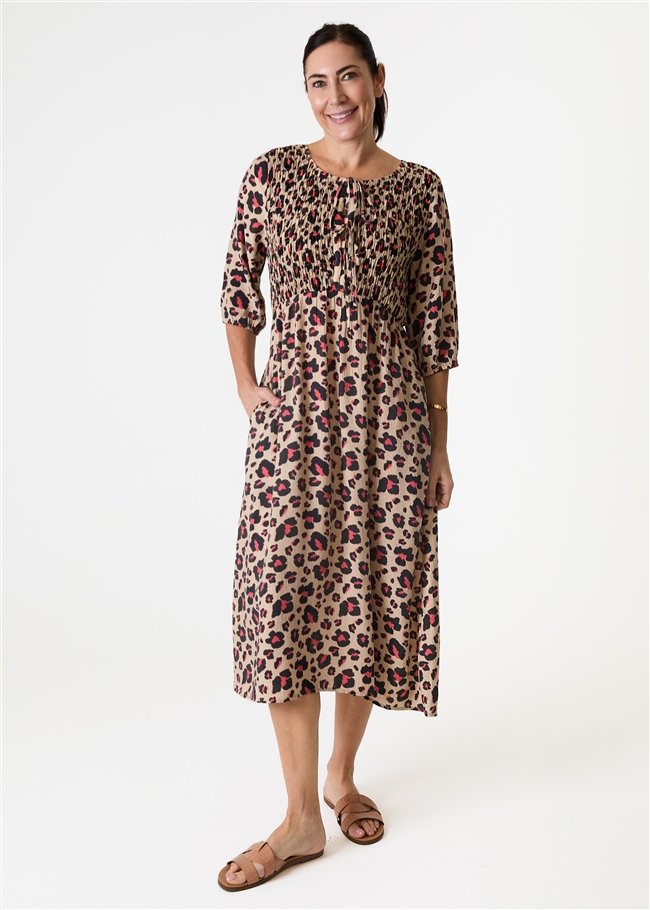 Leopard Smudge Shirred Tie Front Midi Dress