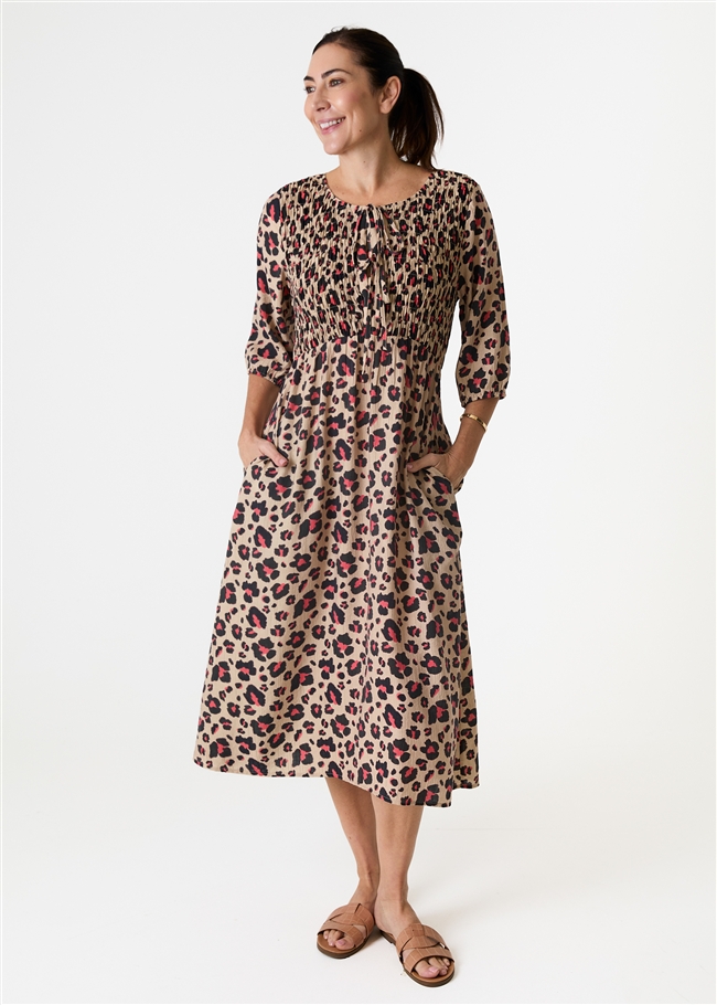 Leopard Smudge Shirred Tie Front Midi Dress