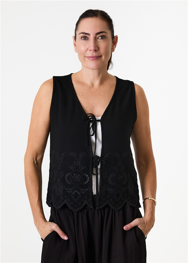 Linen Viscose Tie Front Broderie Vest Top