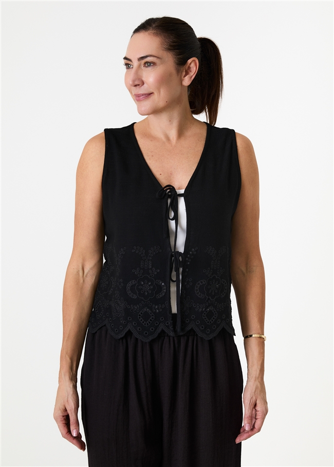 Linen Viscose Tie Front Broderie Vest Top