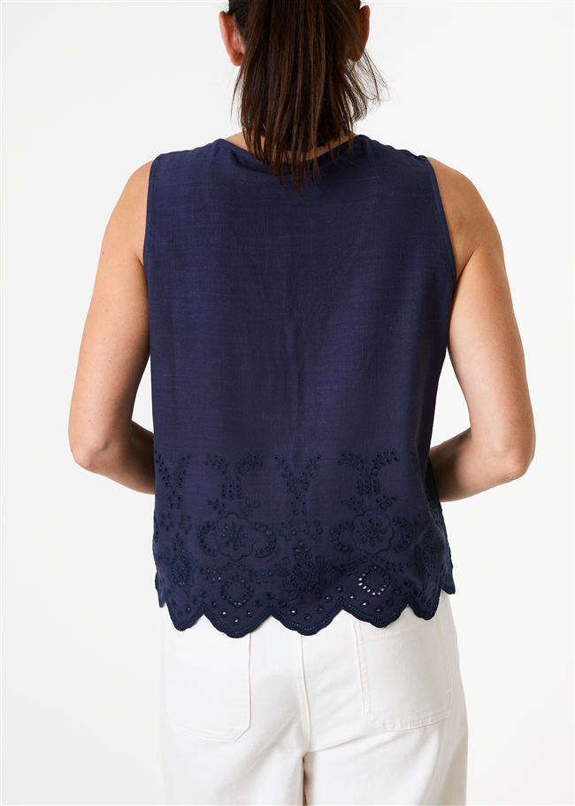 Linen Viscose Tie Front Broderie Vest Top