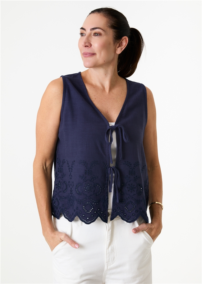 Linen Viscose Tie Front Broderie Vest Top