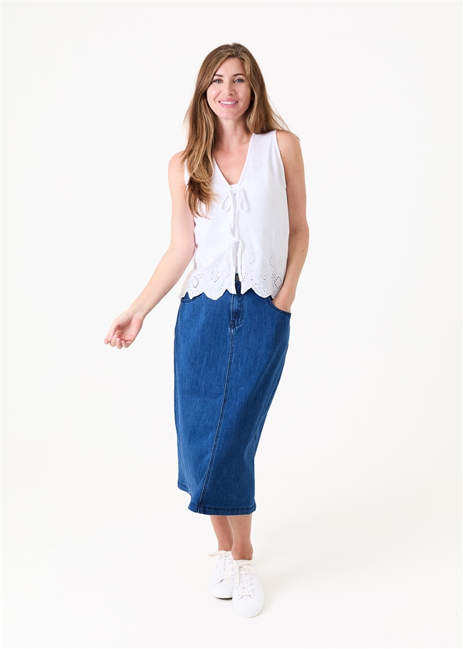 Linen Viscose Tie Front Broderie Vest Top