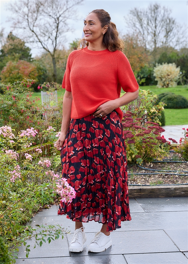 Painterly Poppies Pleated Skirt