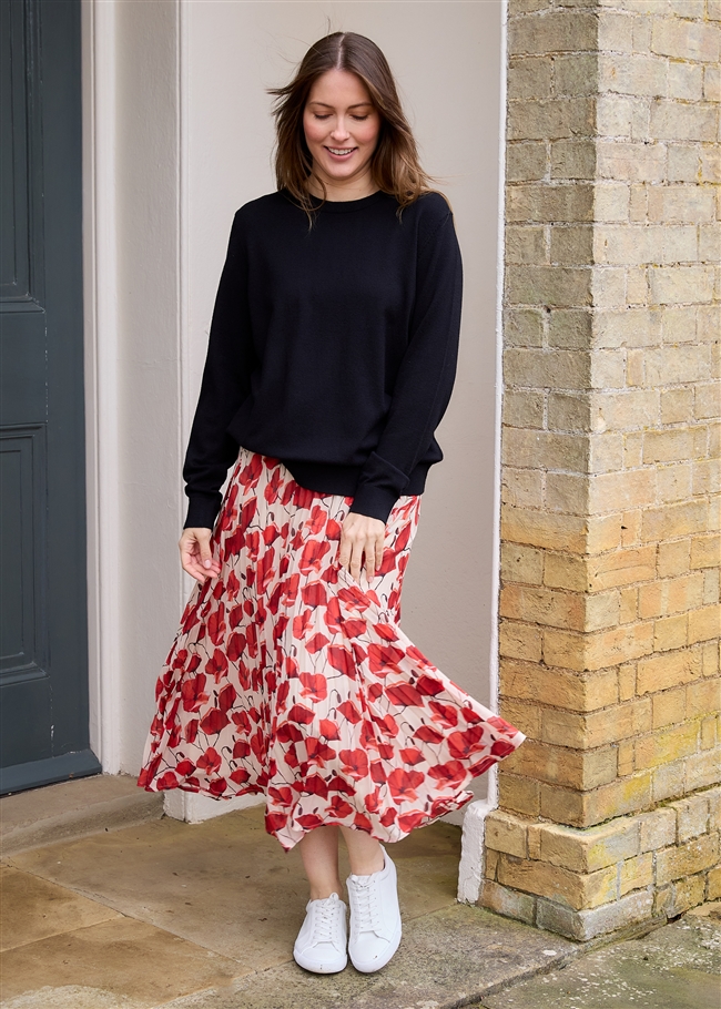 Painterly Poppies Pleated Skirt