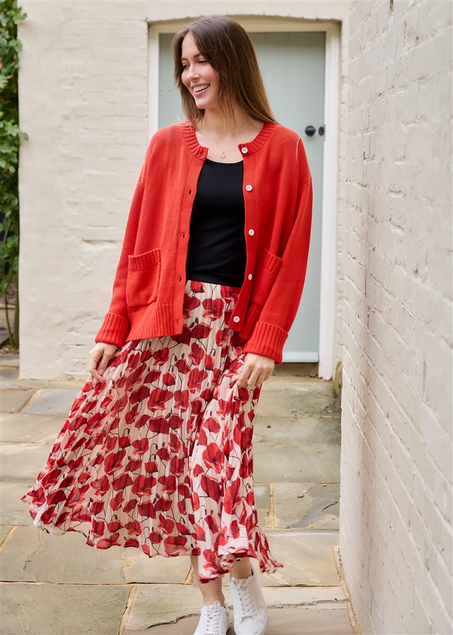 Painterly Poppies Pleated Skirt - Ivory - front view