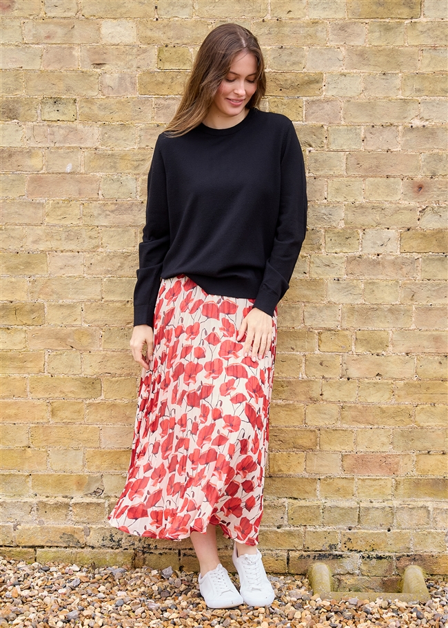 Painterly Poppies Pleated Skirt