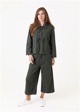 Cotton Twill Boxy Tie Front Collar Jacket - Khaki - front view