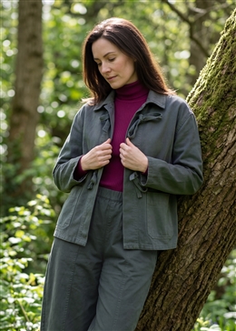 Cotton Twill Boxy Tie Front Collar Jacket - Khaki - front view