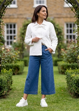 Cotton Twill Boxy Tie Front Collar Jacket - White - front view