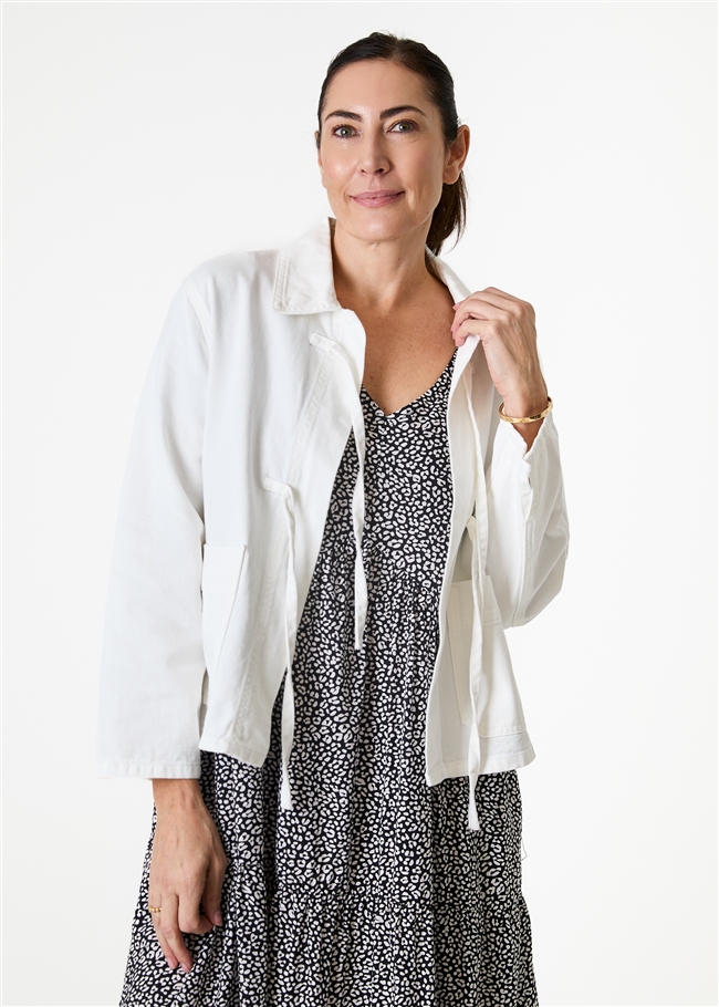 Cotton Twill Boxy Tie Front Collar Jacket