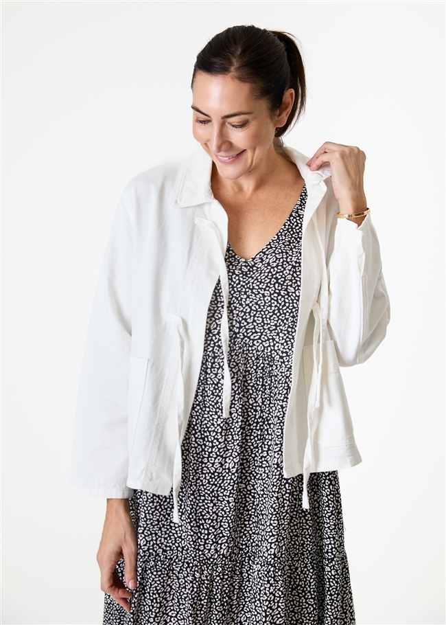 Cotton Twill Boxy Tie Front Collar Jacket