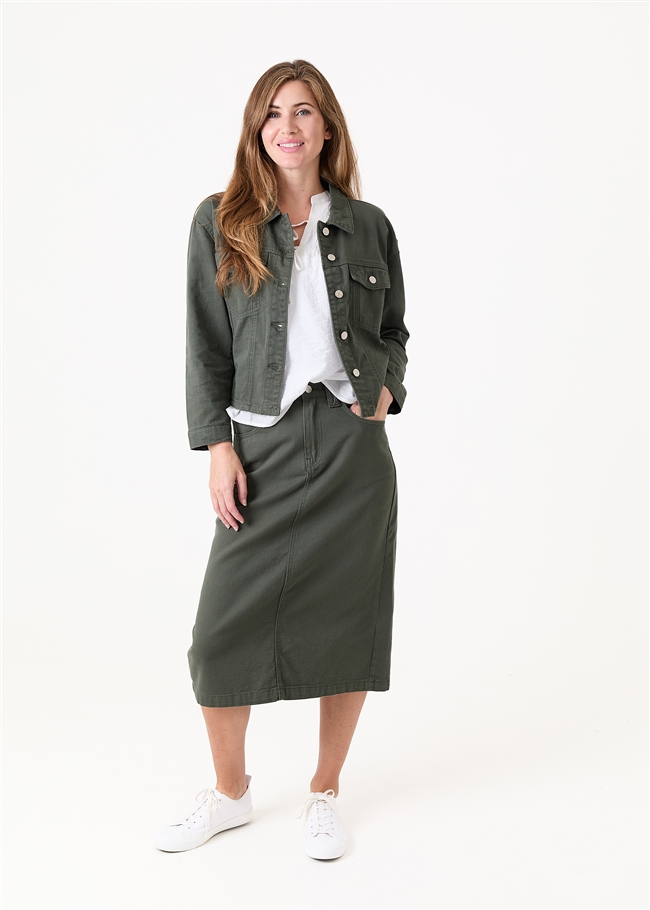 Cotton Twill Split Detail Midi Skirt
