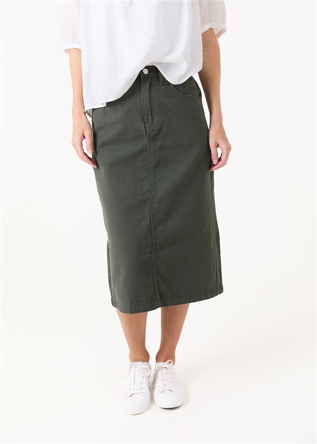 Cotton Twill Split Detail Midi Skirt
