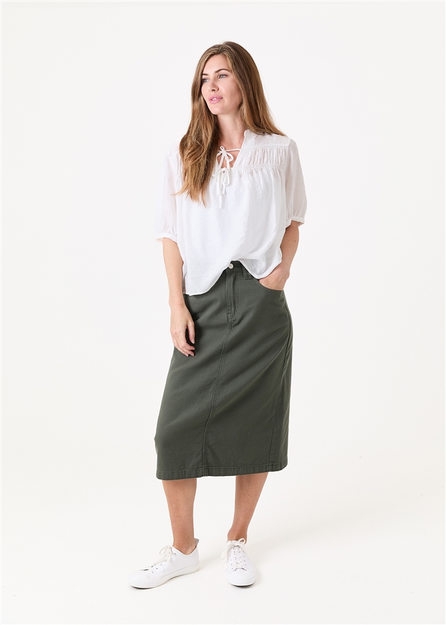 Cotton Twill Split Detail Midi Skirt
