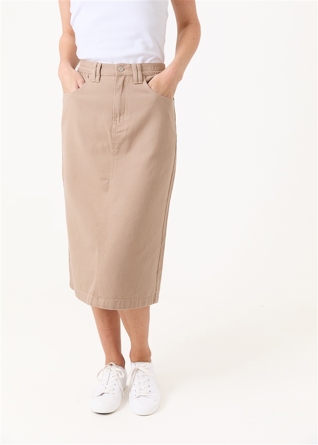 Cotton Twill Split Detail Midi Skirt
