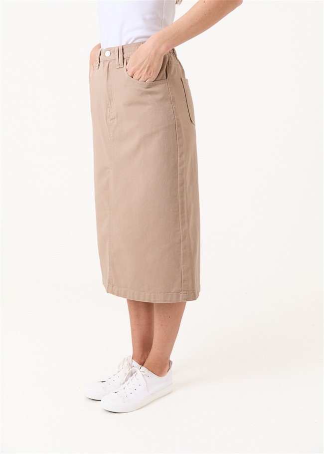 Cotton Twill Split Detail Midi Skirt