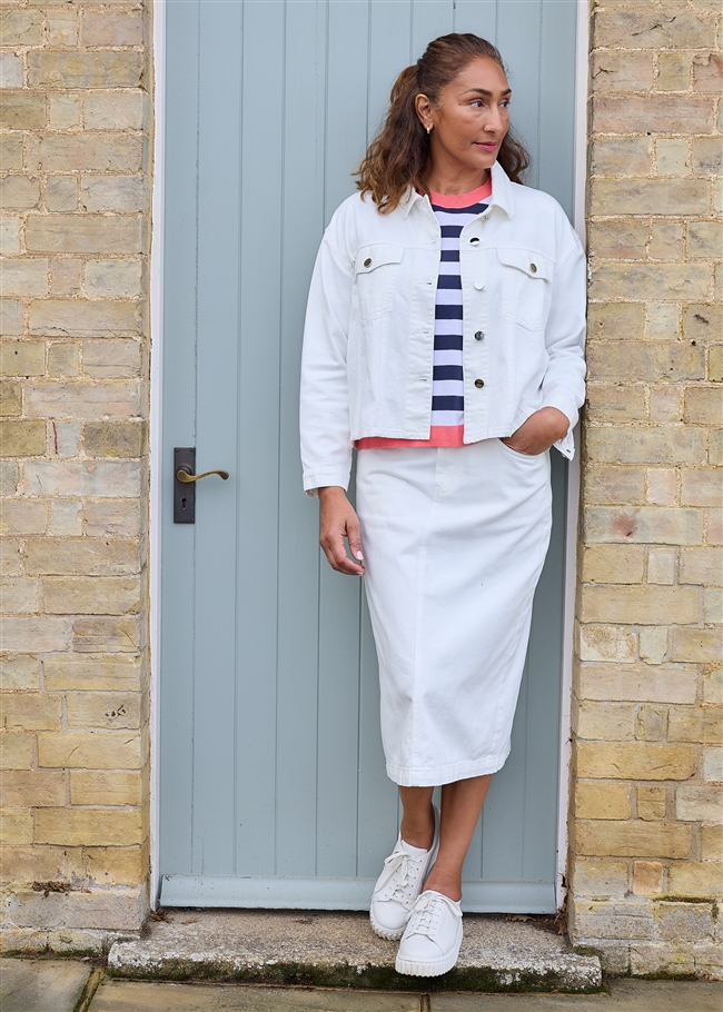 Cotton Twill Split Detail Midi Skirt