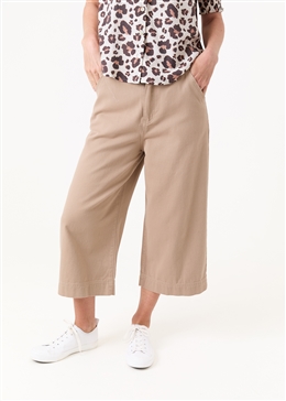 Cotton Twill Cropped Wide Leg Elasticated Back Jean - Stone - front view